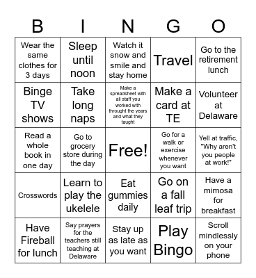 Retirement Bingo Card