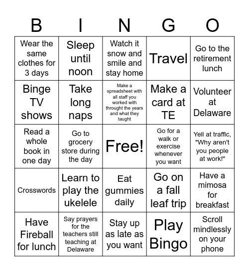 Retirement Bingo Card