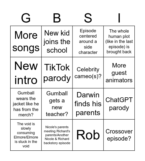Gumball Season 7 Bingo Card Bingo Card
