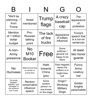 Trump's / Army's B-Day Parade Bingo Card