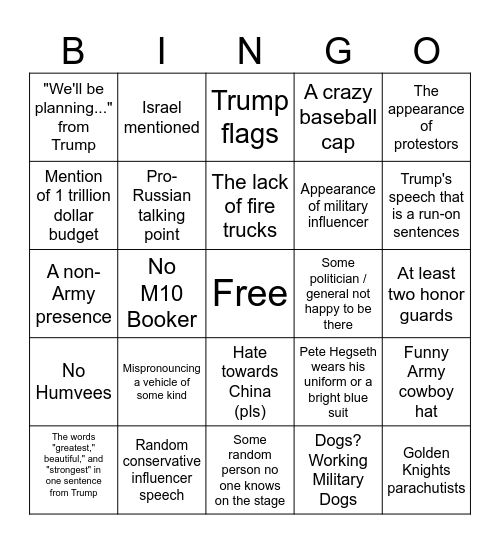 Trump's / Army's B-Day Parade Bingo Card