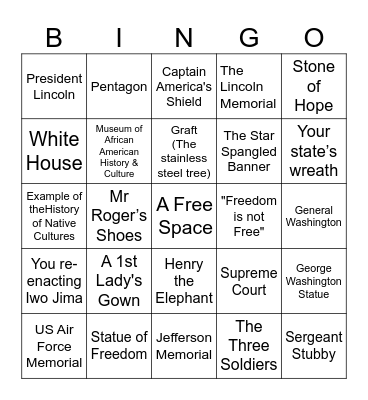 Washington DC Selfie Bingo Card