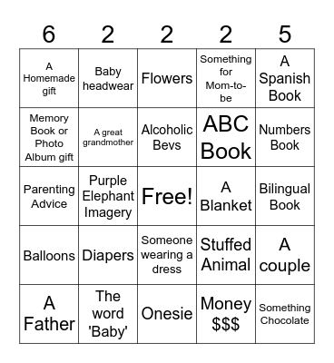 Shayla and Alber's Baby Shower Bingo Card