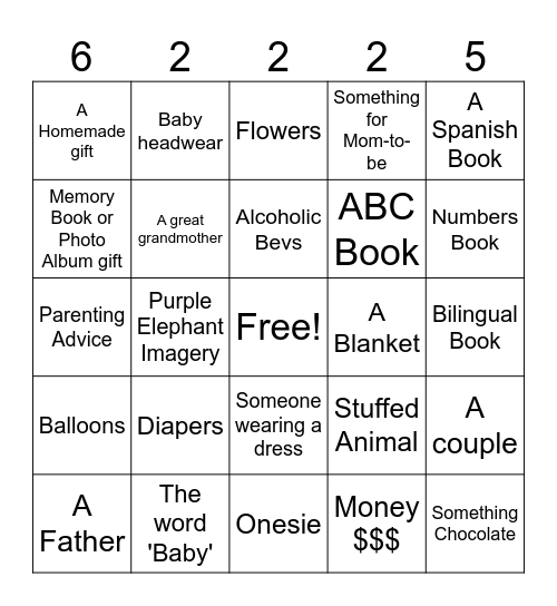 Shayla and Alber's Baby Shower Bingo Card