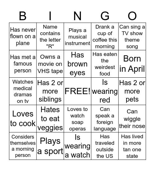 Getting To Know You BINGO Card