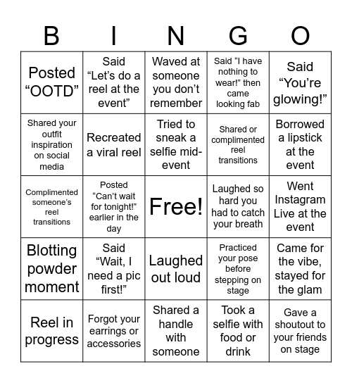 Glam Party Bingo Card