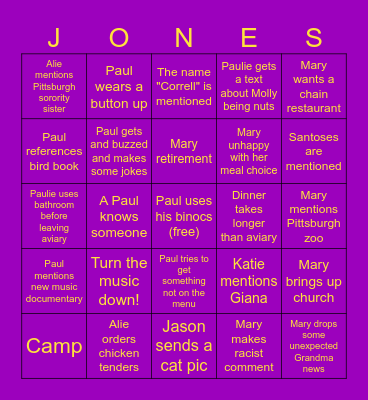 The Joneses go birding Bingo Card