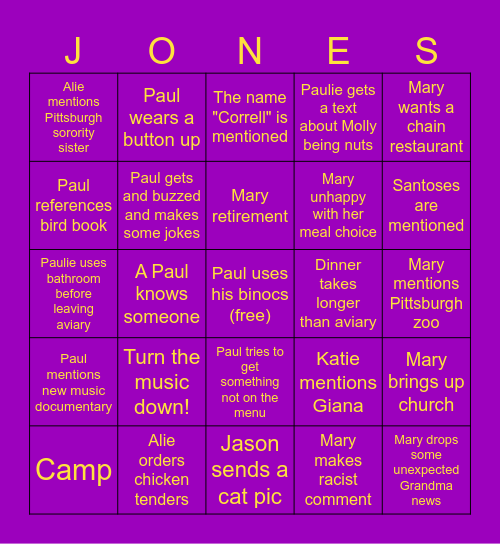 The Joneses go birding Bingo Card