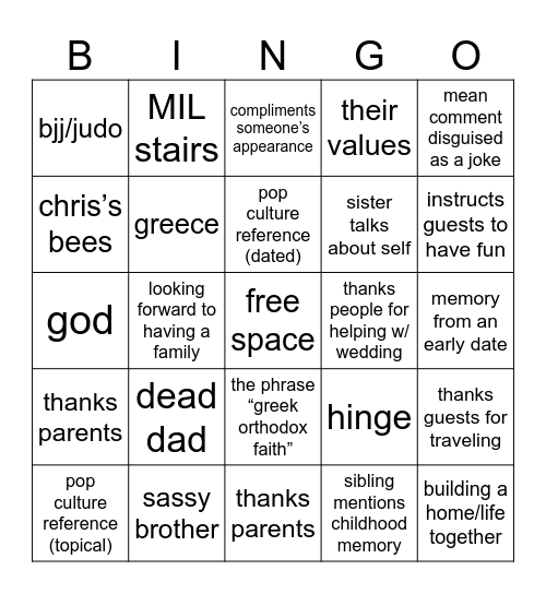 wedding speech bingo Card