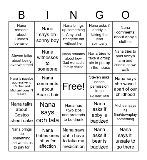 Colson Cruise Bingo Card