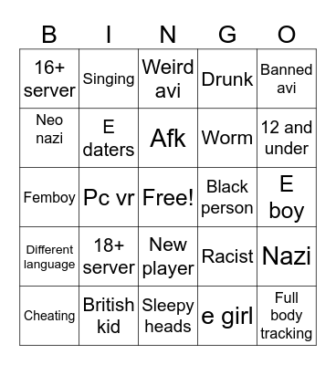 Vr chat Bingo Card