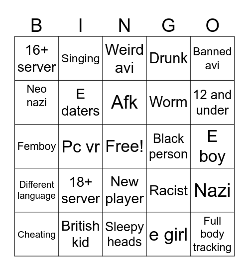 Vr chat Bingo Card