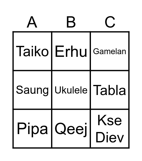 Asian Instrument Bingo Card