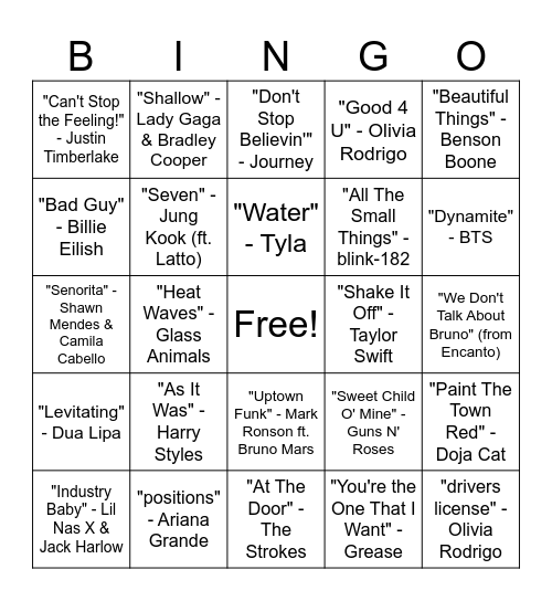 Music Bingo 2025 Bingo Card