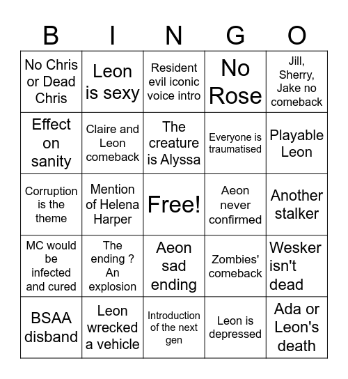 RE9 Lazie's bingo Card