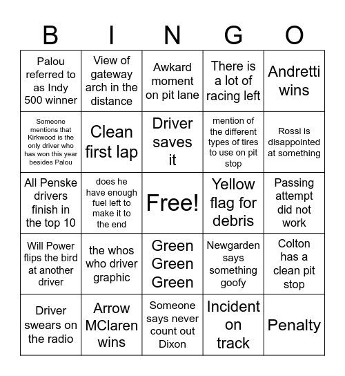 IndyCar Bommarito 2025 Bingo Card