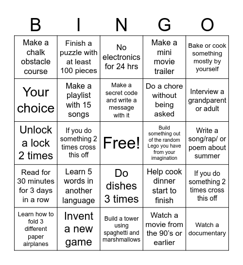 Ryker’s Summer Bingo 25’ Bingo Card