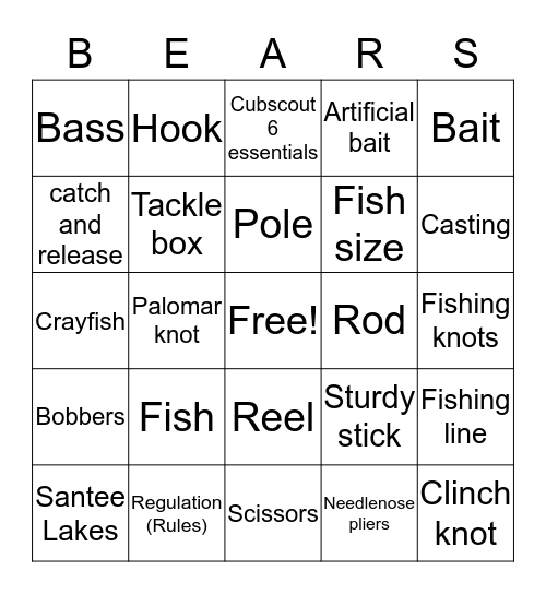 BEAR Fishing Bingo Card