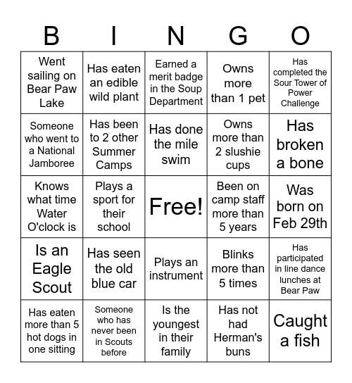 Bear Paw Camp Staff Bingo Card