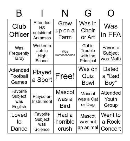 High School Memories Bingo Card