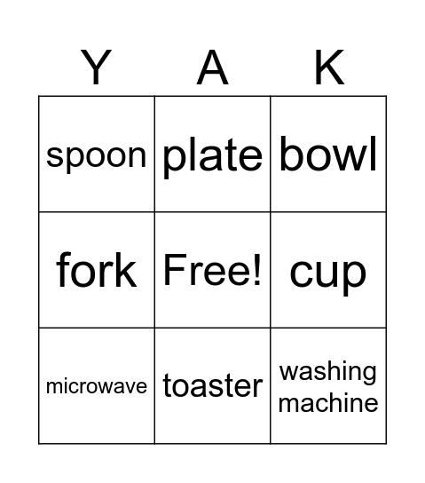 Household Items Bingo Card