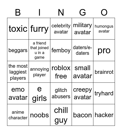 roblox bingo Card