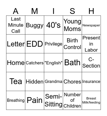 Amish and Birth Bingo Card