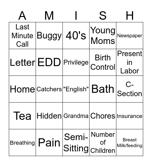 Amish and Birth Bingo Card