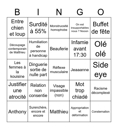 Le Bingo de la Honte Bingo Card