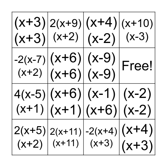 Quadratic Bingo Card quadratic-bingo-card