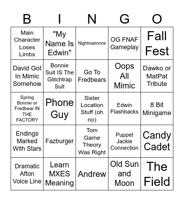 Mimic Bingo Card