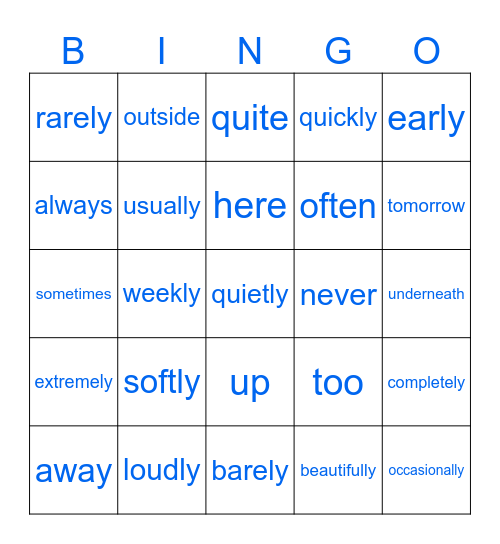 Types of adverbs Bingo Card