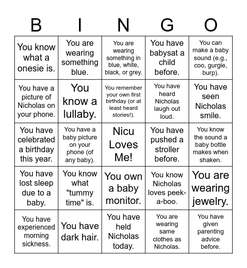 Nicholas' Bingo Card Bingo Card