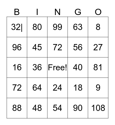 8 and 9 Multiplication Tables Bingo Card