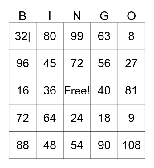 8 and 9 Multiplication Tables Bingo Card