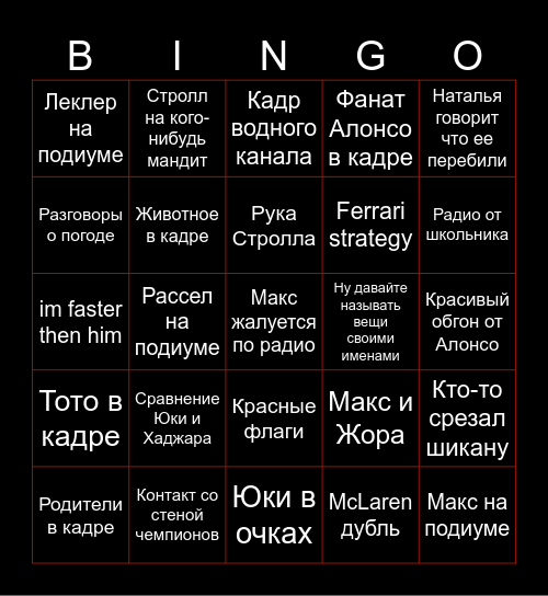 F1 Canada 2025 Bingo Card