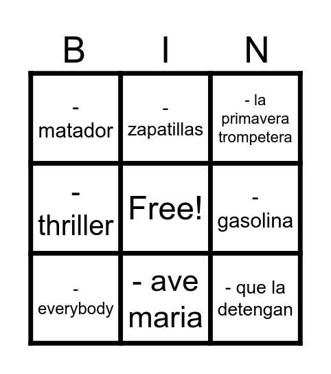 Bingo Musical Bingo Card
