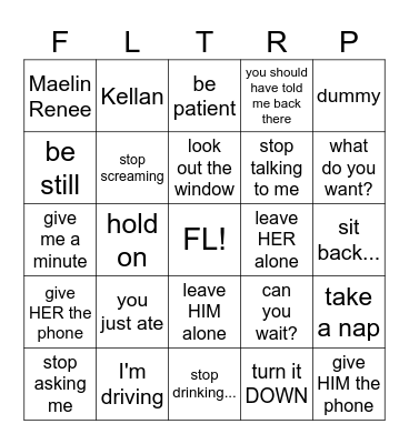Road Trip Mom Edition Bingo Card