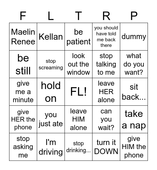 Road Trip Mom Edition Bingo Card