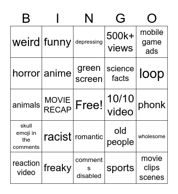 YOUTUBE SHORTS Bingo Card