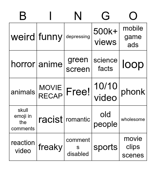 YOUTUBE SHORTS Bingo Card