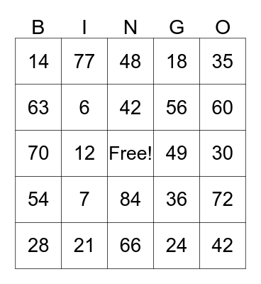 Six and Seven Multiplication Tables Bingo Card