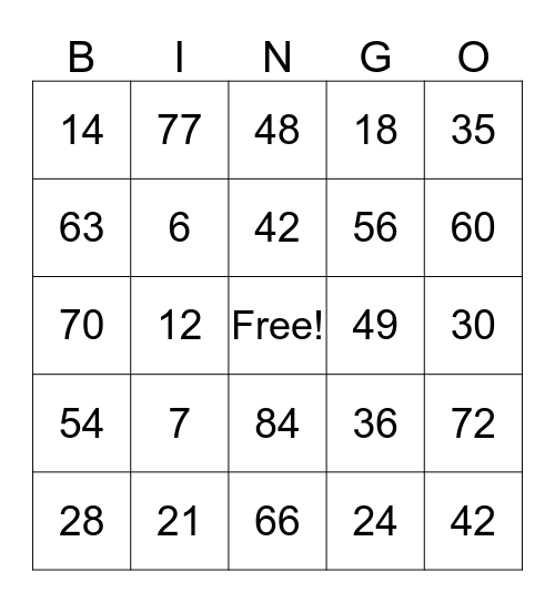 Six and Seven Multiplication Tables Bingo Card