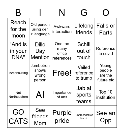 NU commencement Bingo Card