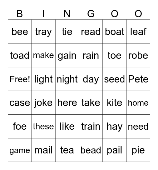Vowel Pairs Bingo Card