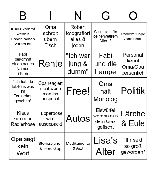 Alljährliches Familien Comedy Bingo Card