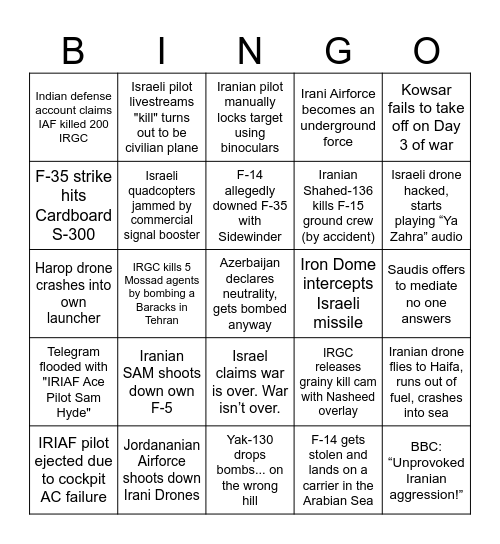 🇮🇱 Israel vs 🇮🇷Iran Air War Bingo Card