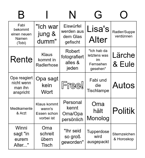 Alljährliches Familien Comedy Bingo Card