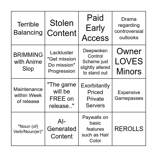"DEEPWOKEN KILLER" Roblox Game Bingo Card