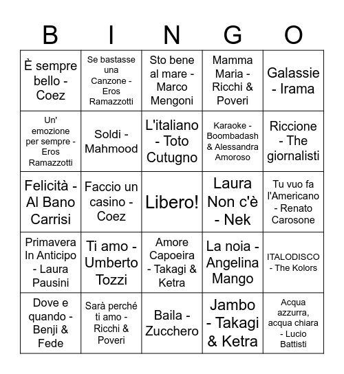 Musica Italiana Bingo Card